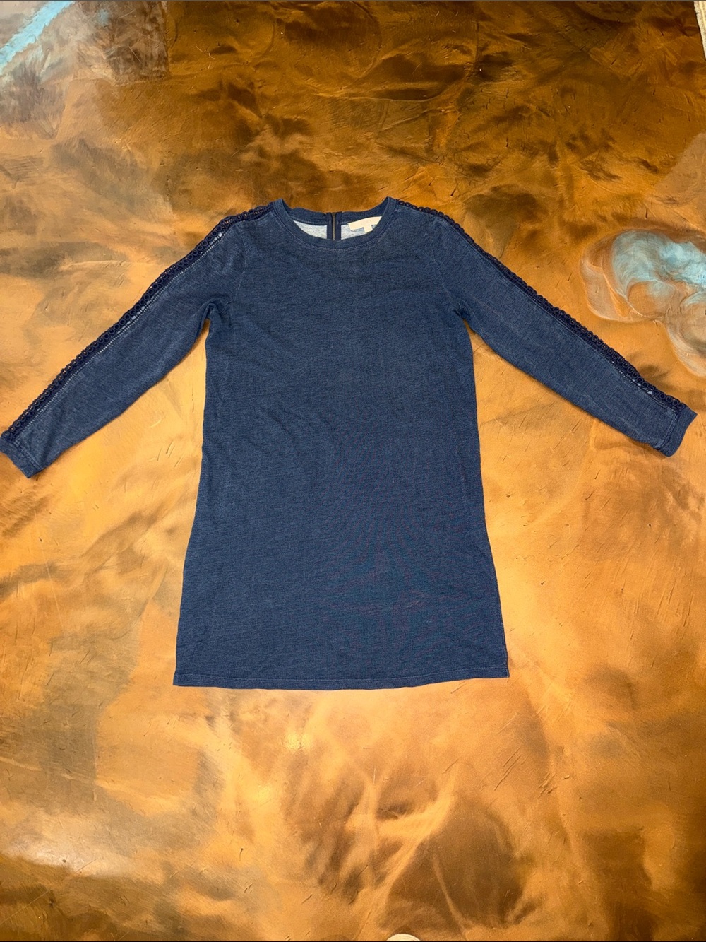 LOFT Navy Knit Midi Dress with Lace-Trim Shoulders